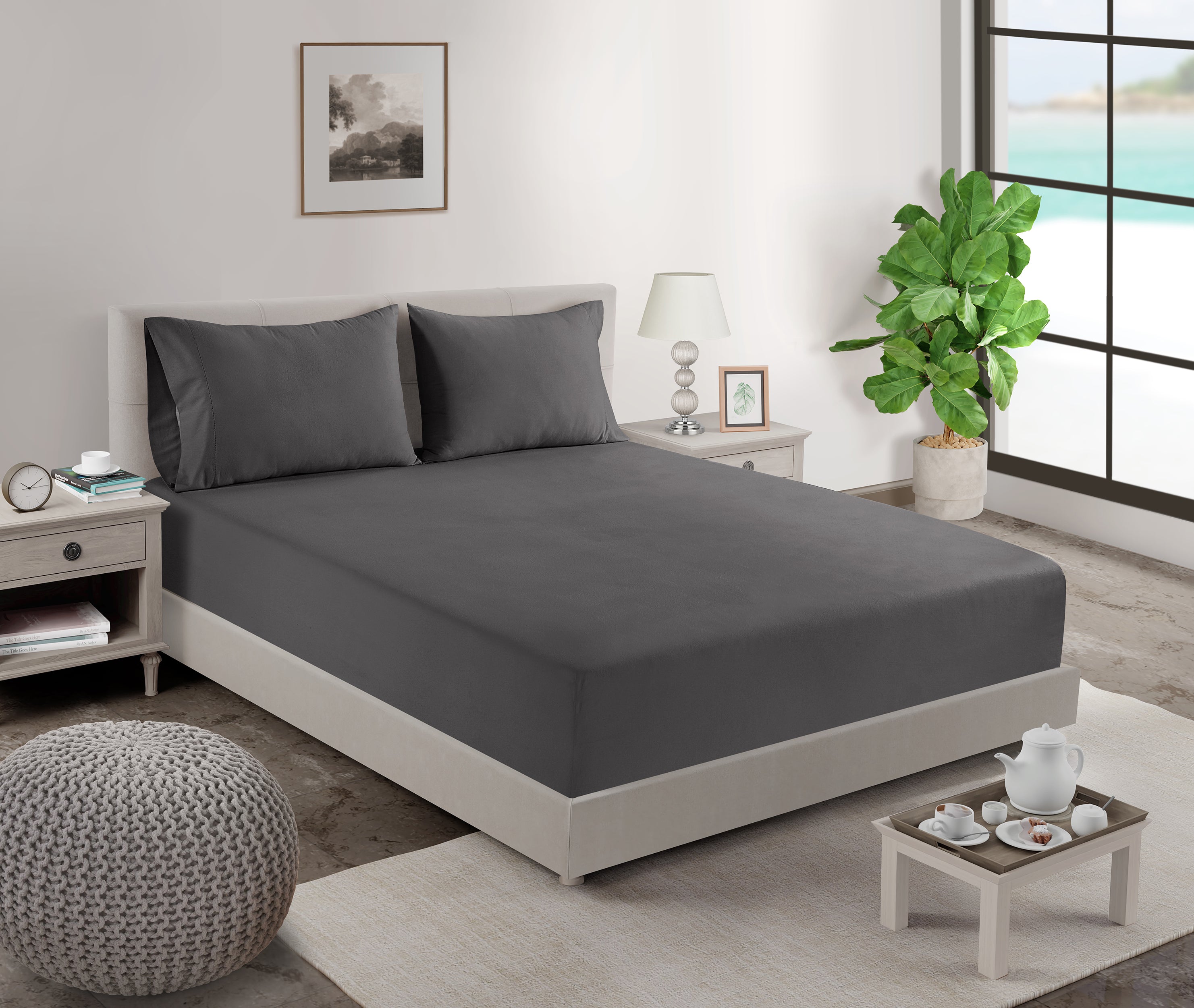 100% Organic Washed Cotton Fitted Sheet Set - Charcoal